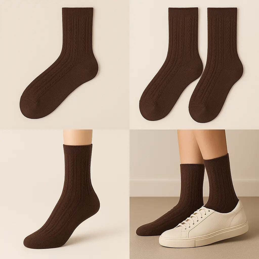 Chaussettes femmes Maille marron mi-mollet en coton galerie produit