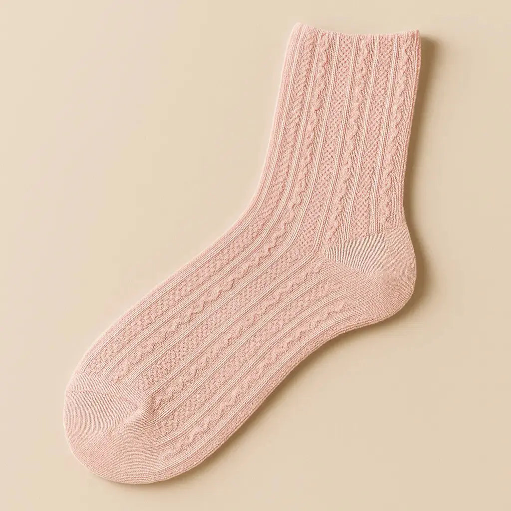 Chaussettes femmes Maille rose mi-mollet en coton vue à plat