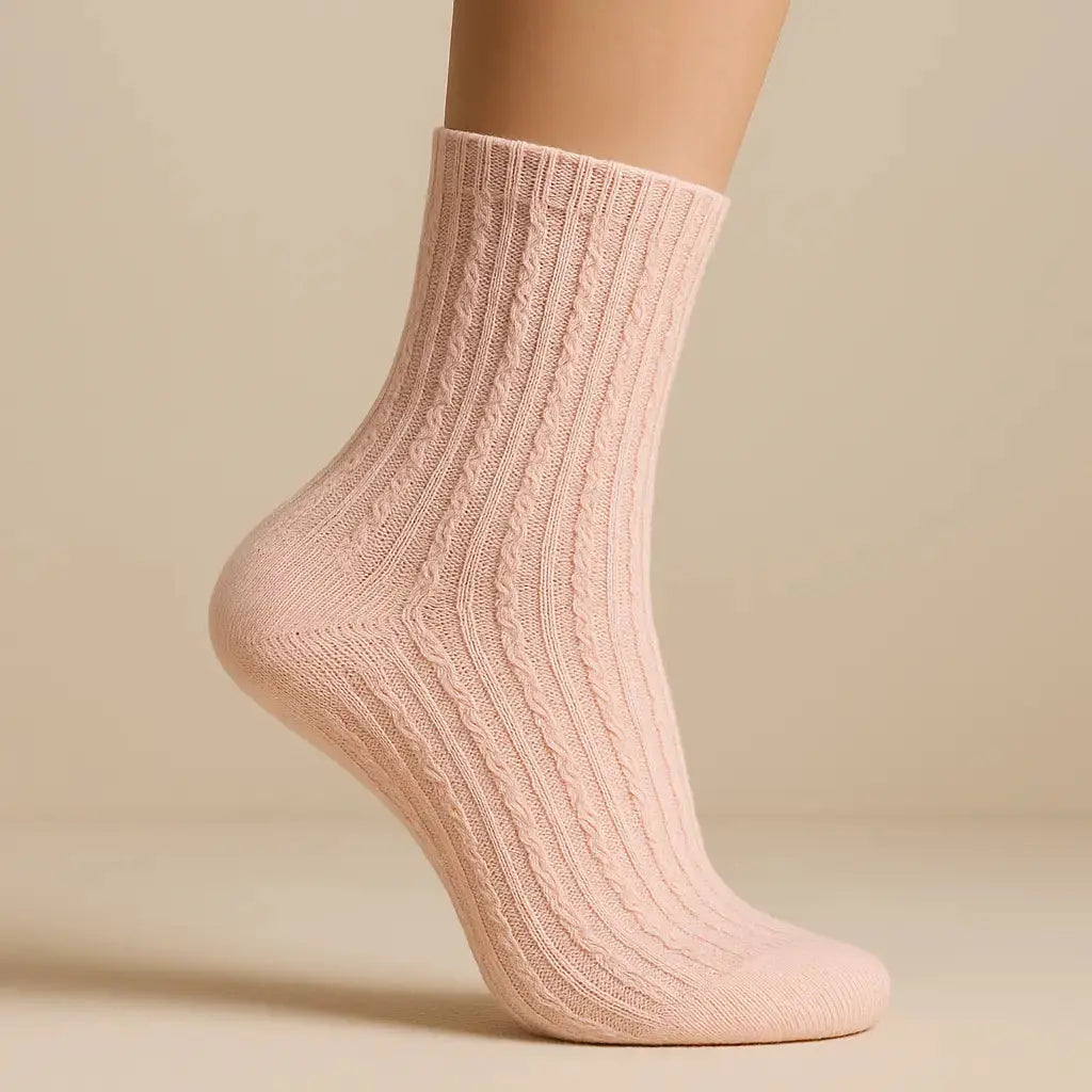 Chaussettes femmes Maille rose mi-mollet en coton sur pied mannequin