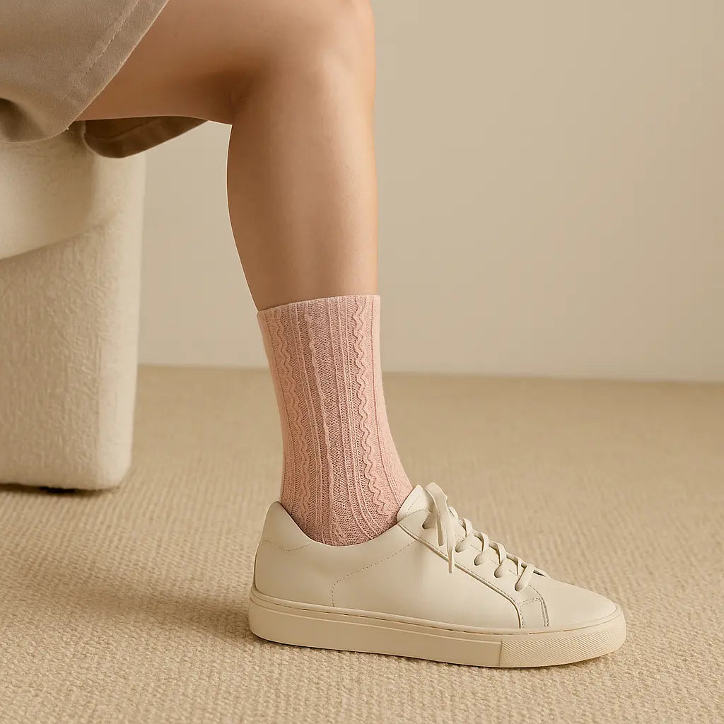 Chaussettes femmes Maille rose mi-mollet en coton en situation