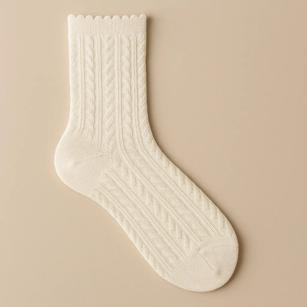 Chaussettes femmes Maille mollet coton blanc crème vue à plat
