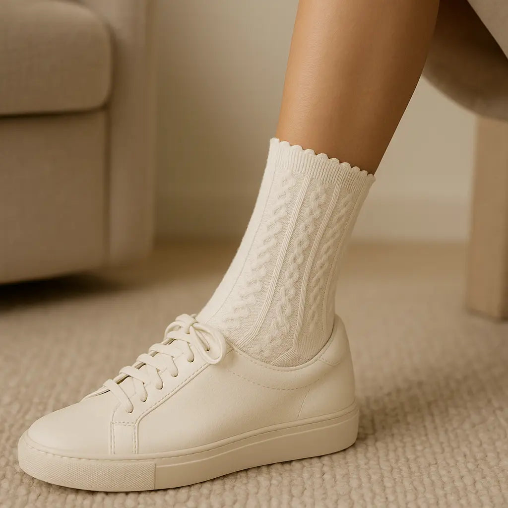 Chaussettes femmes Maille mollet coton blanc crème en situation