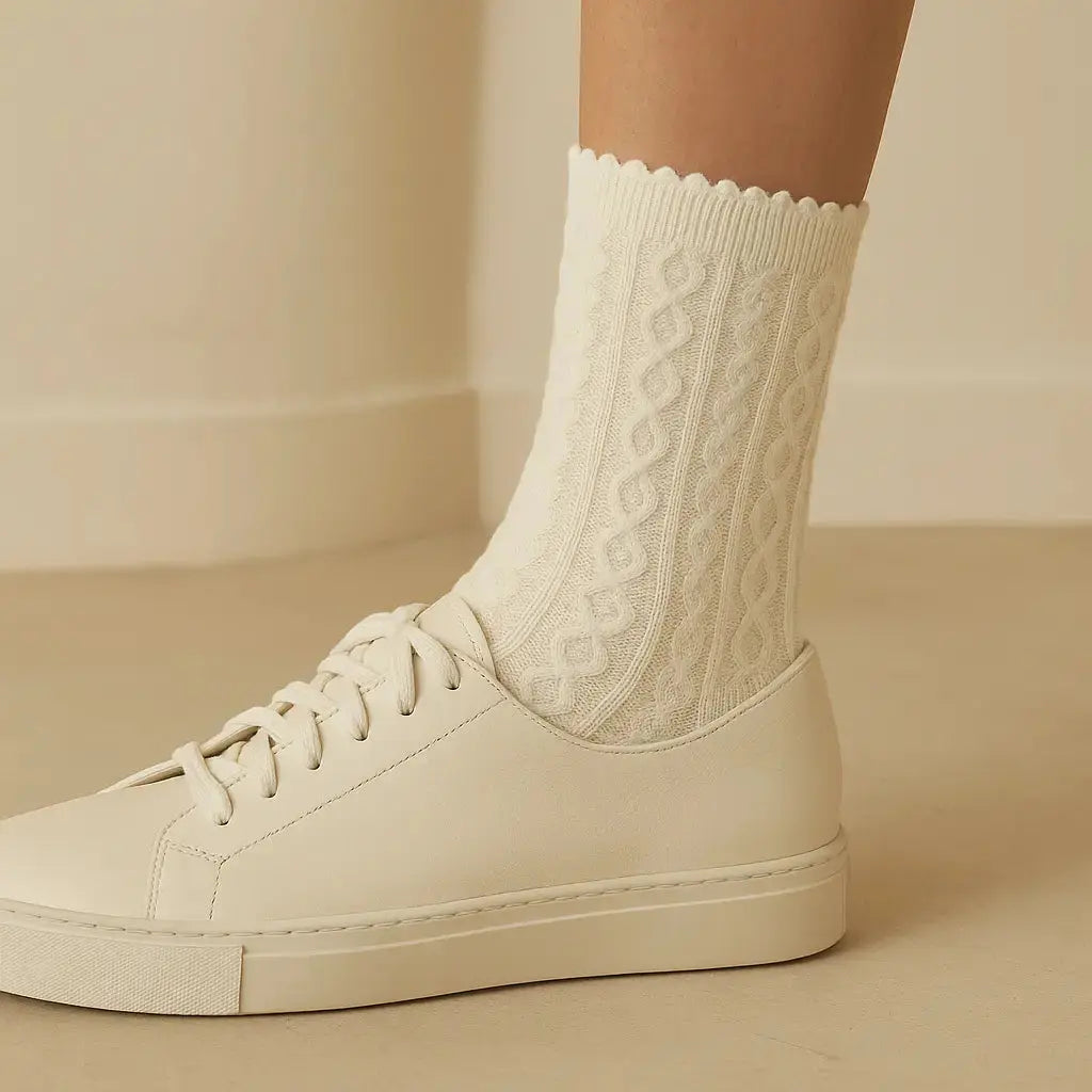 Chaussettes femmes Maille mollet coton blanc crème avec chaussures