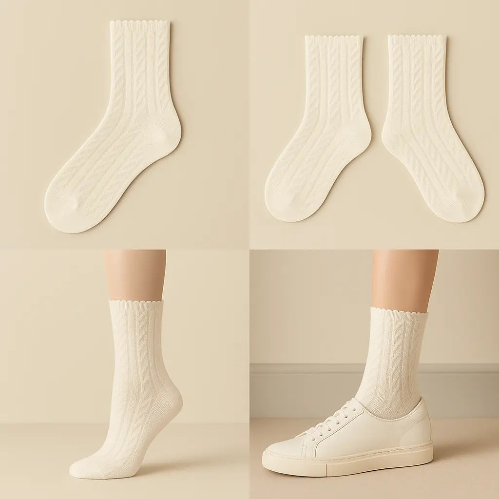 Chaussettes femmes Maille mollet coton blanc crème galerie produit