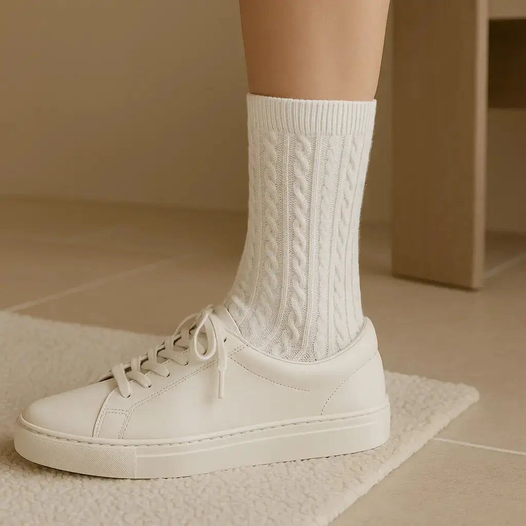 Chaussettes femmes Maille mollet coton gris clair en situation