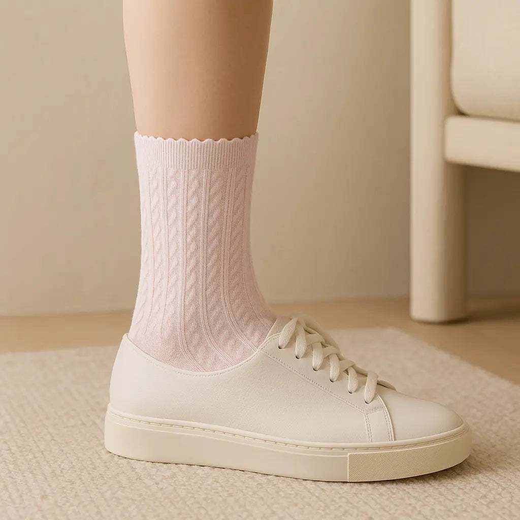 Chaussettes femmes Maille mollet coton rose clair en situation
