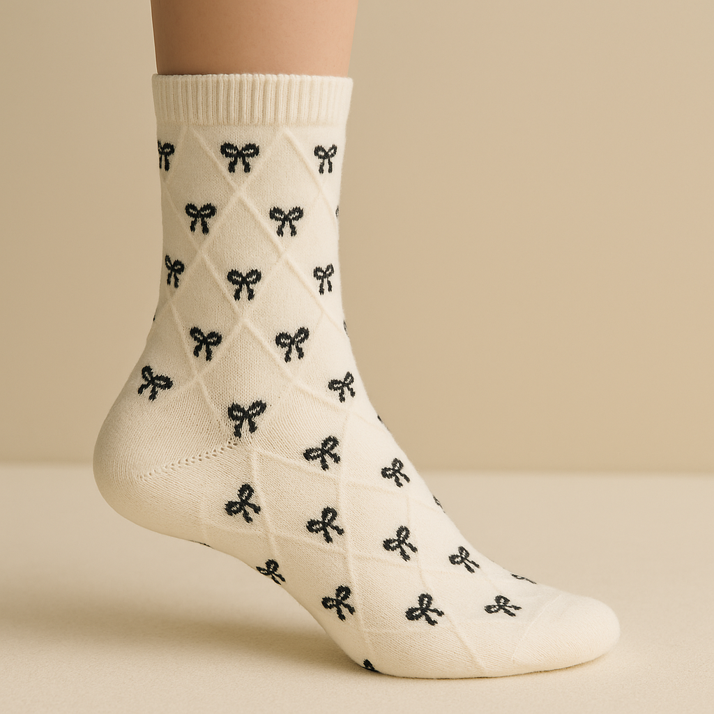 Chaussettes femme Noeuds en coton blanc mi-mollet sur pied mannequin