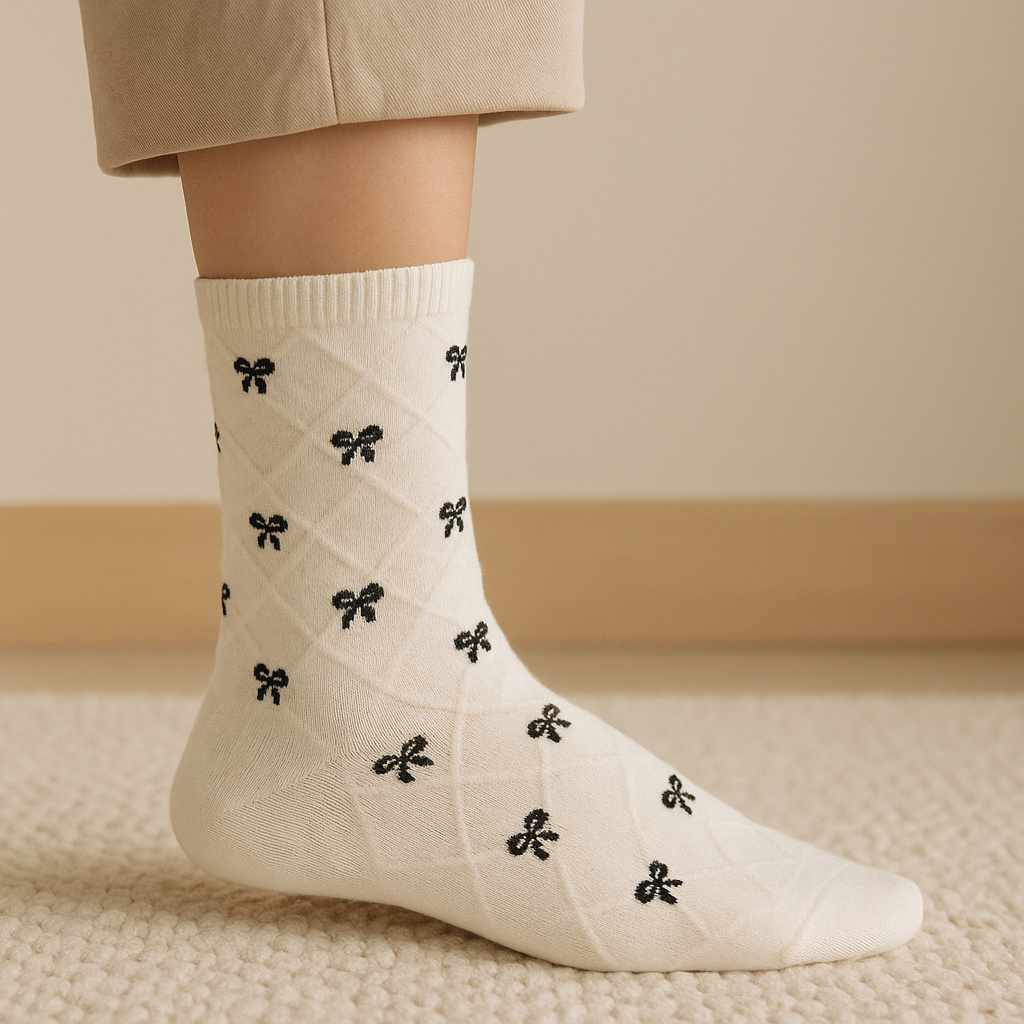 Chaussettes femme Noeuds en coton blanc mi-mollet en situation