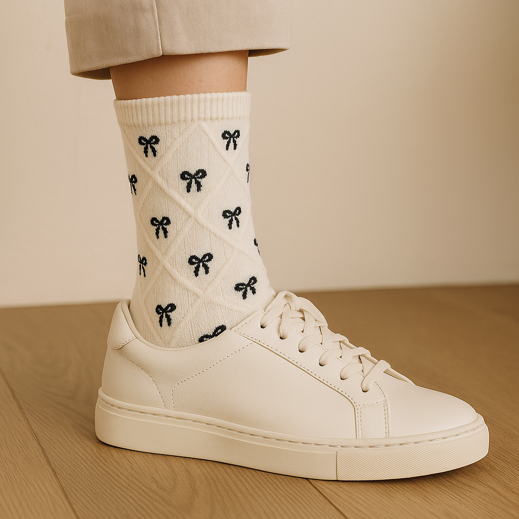 Chaussettes femme Noeuds en coton blanc mi-mollet avec chaussures