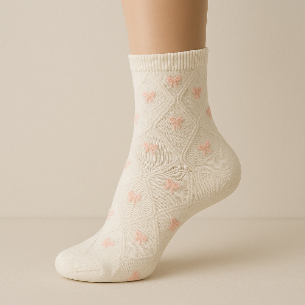 Chaussettes femmes Noeuds mi-mollet en coton blanc sur pied mannequin