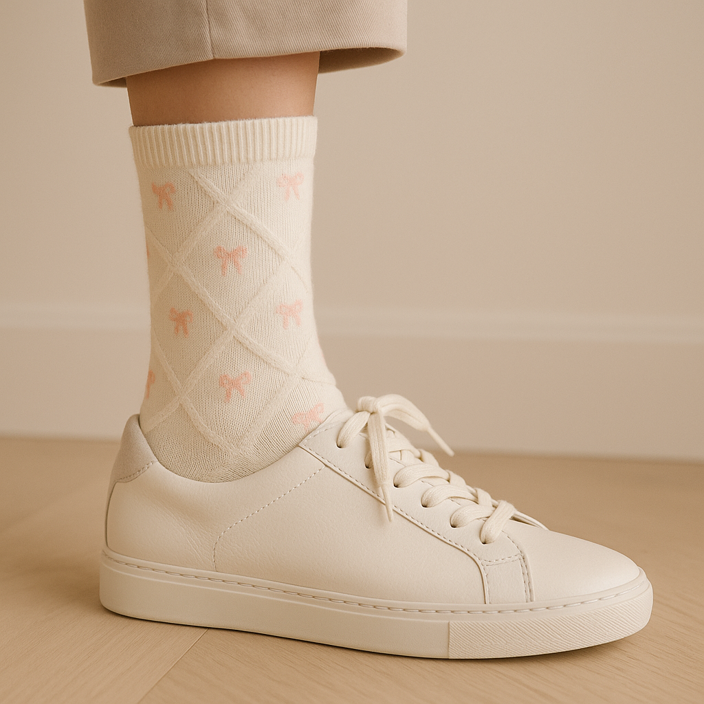 Chaussettes femmes Noeuds mi-mollet en coton blanc avec chaussures