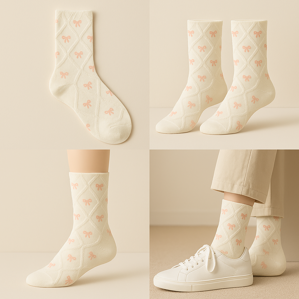 Chaussettes femmes Noeuds mi-mollet en coton blanc galerie produit