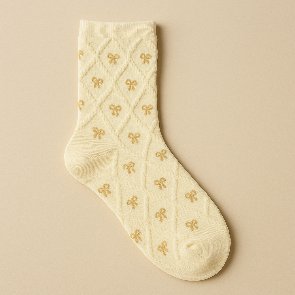 Chaussettes femme Noeuds jaune en coton mi-mollet vue à plat