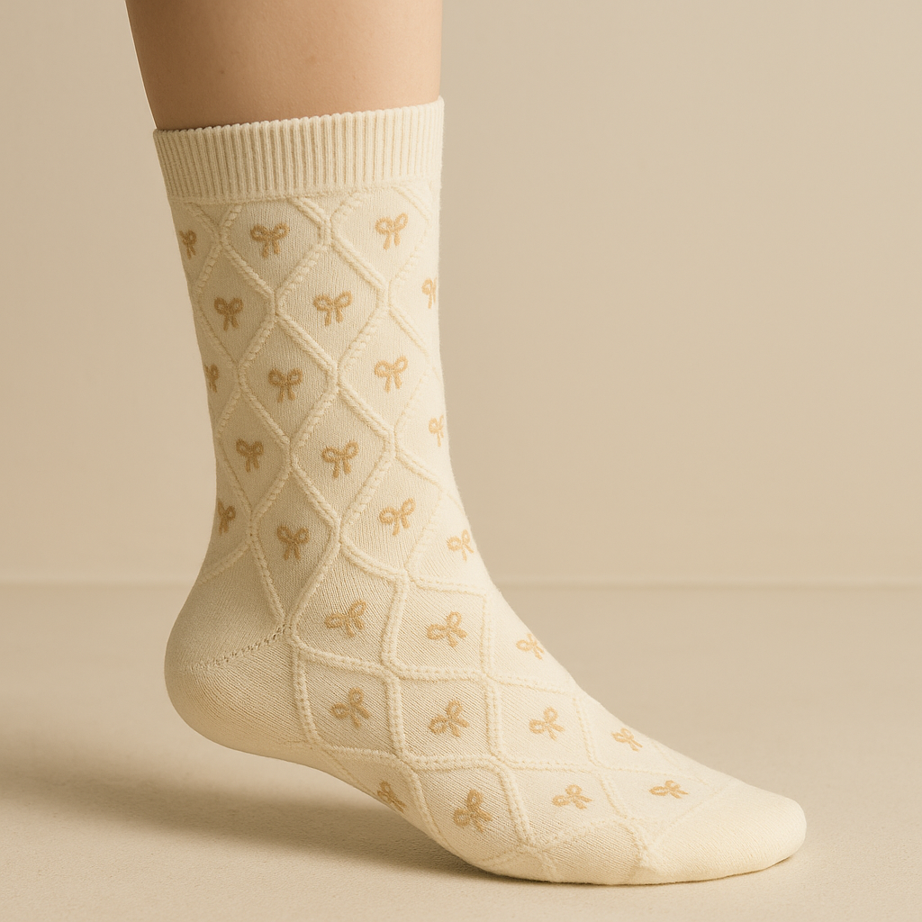 Chaussettes femme Noeuds jaune en coton mi-mollet sur pied mannequin