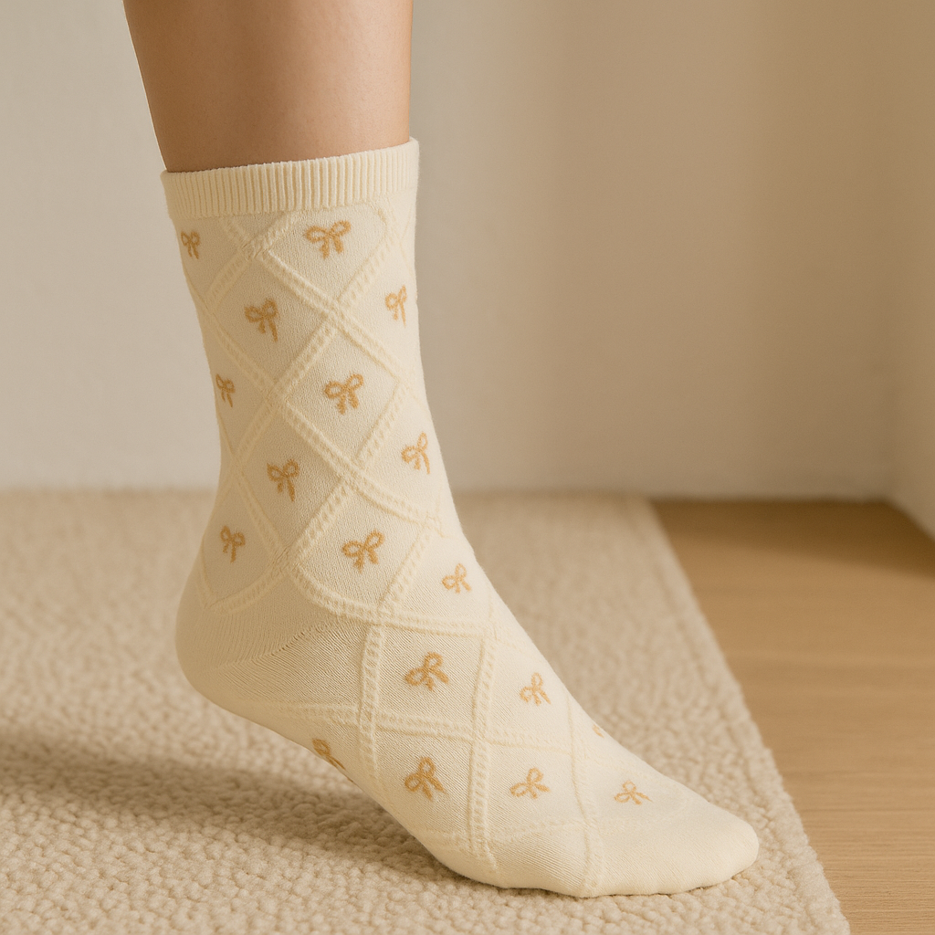 Chaussettes femme Noeuds jaune en coton mi-mollet en situation