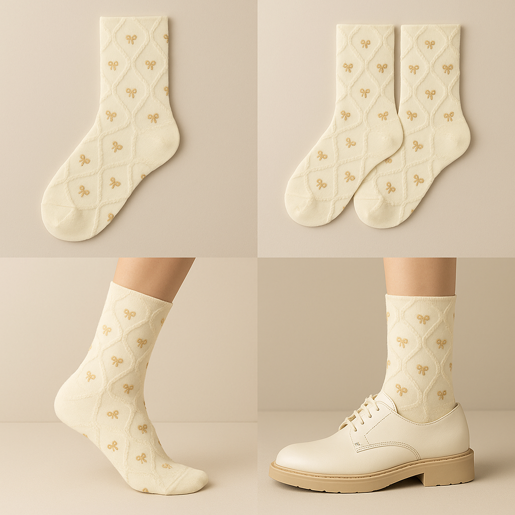 Chaussettes femme Noeuds jaune en coton mi-mollet galerie produit