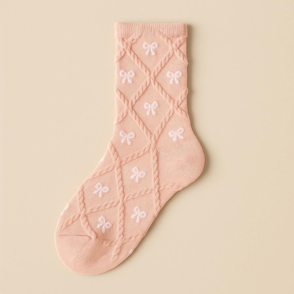 Chaussettes femmes Noeuds en coton rose mi-mollet vue à plat