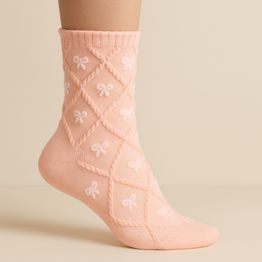 Chaussettes femmes Noeuds en coton rose mi-mollet sur pied mannequin