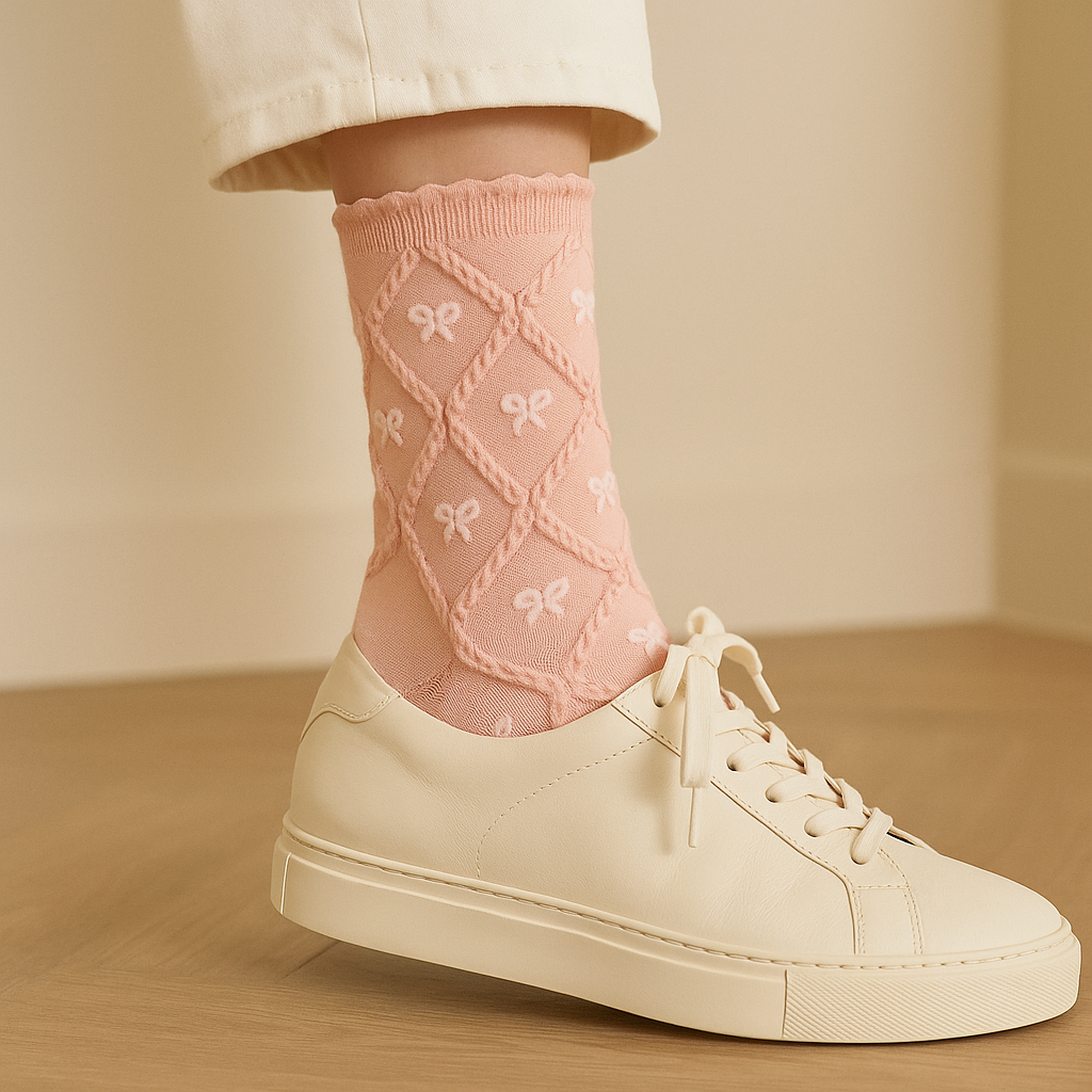 Chaussettes femmes Noeuds en coton rose mi-mollet avec chaussures