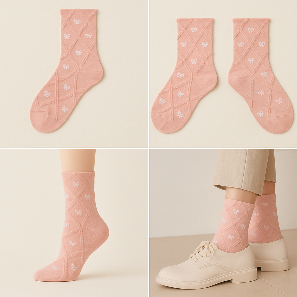 Chaussettes femmes Noeuds en coton rose mi-mollet galerie produit