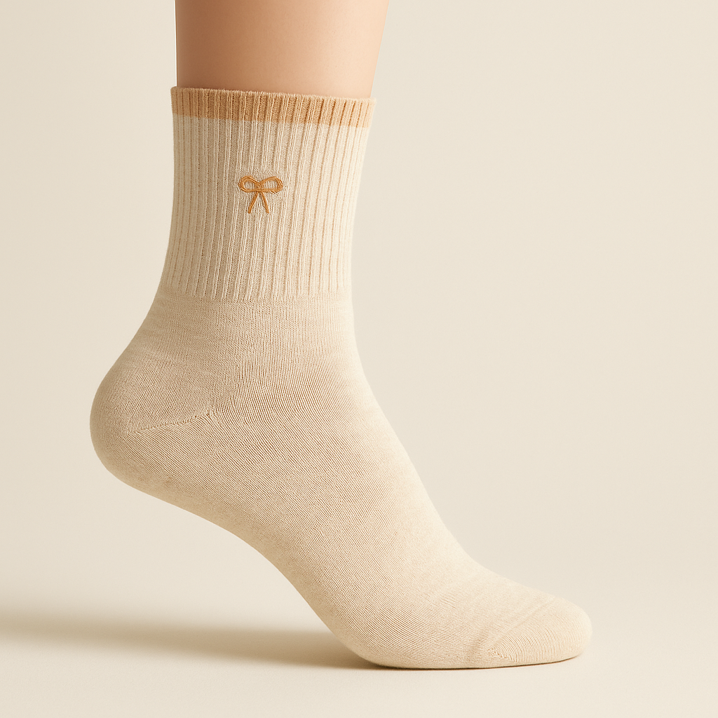 Chaussettes femme Noeuds mollet coton beige sur pied mannequin