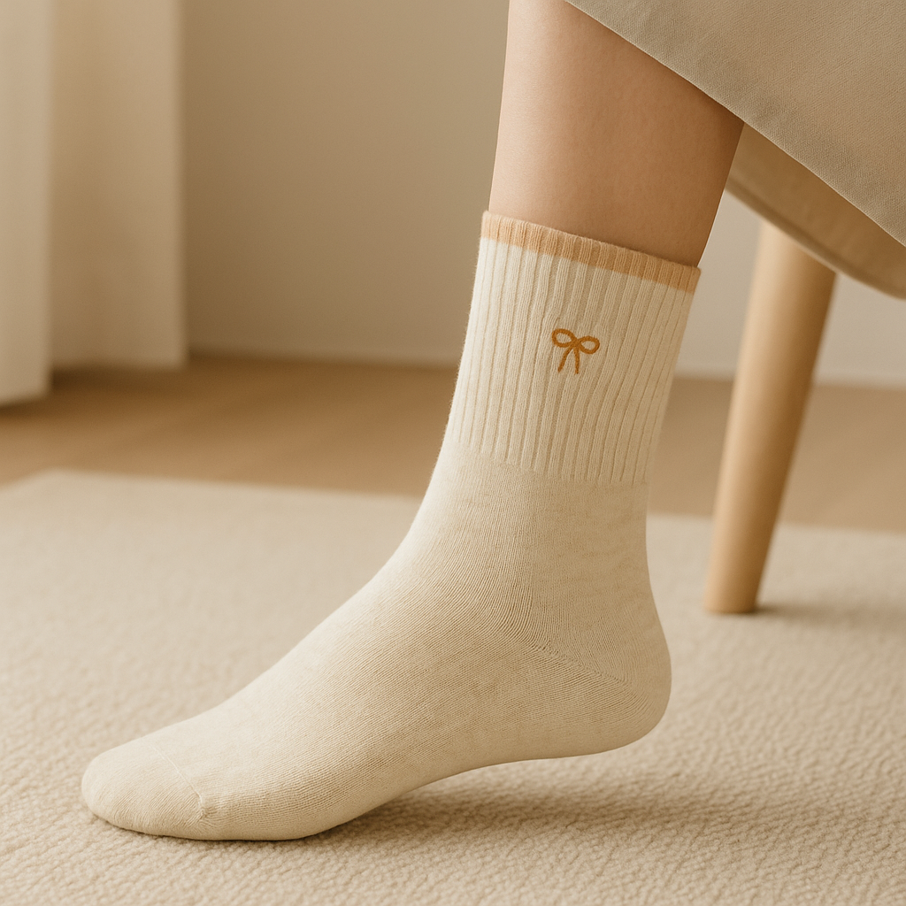 Chaussettes femme Noeuds mollet coton beige en situation