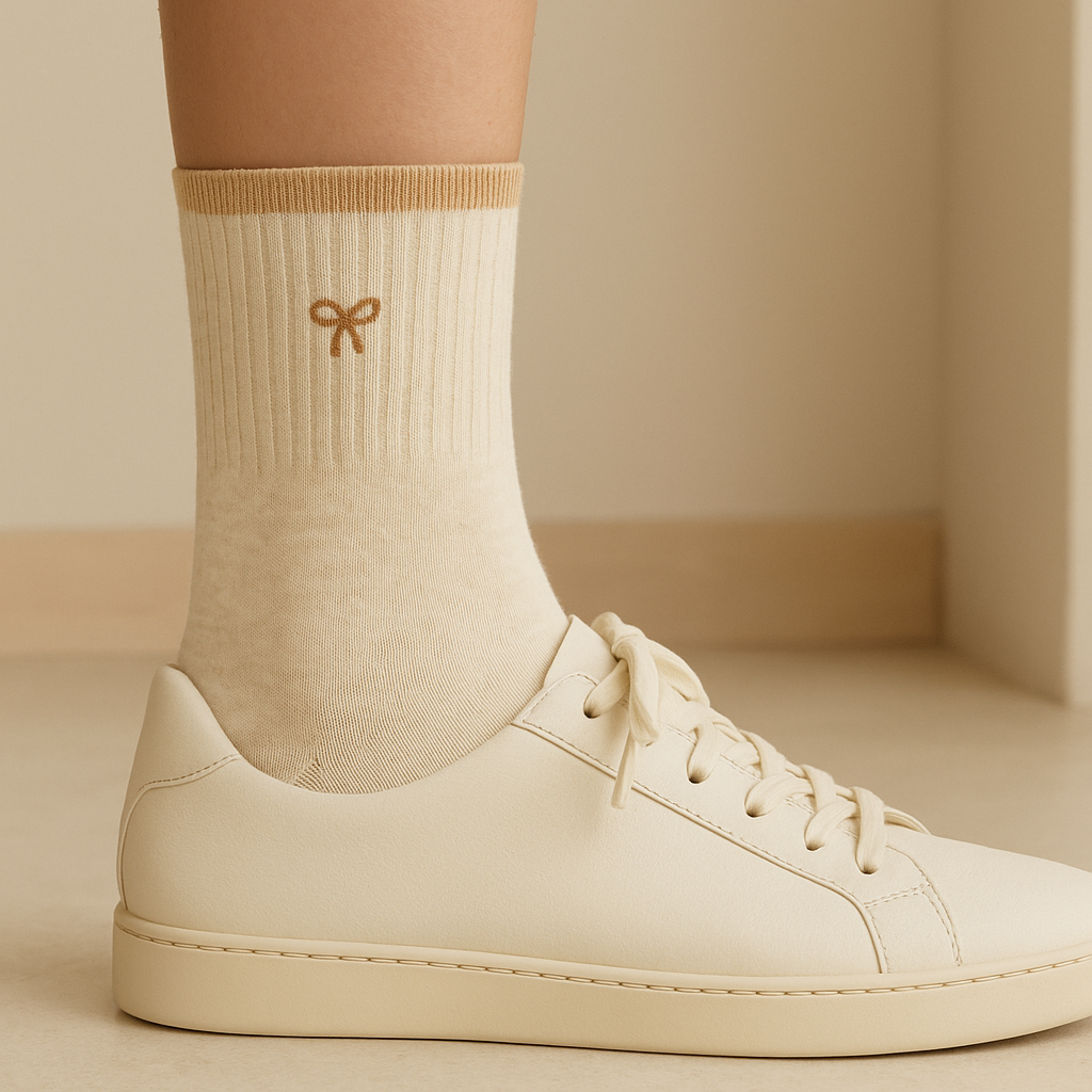 Chaussettes femme Noeuds mollet coton beige avec chaussures