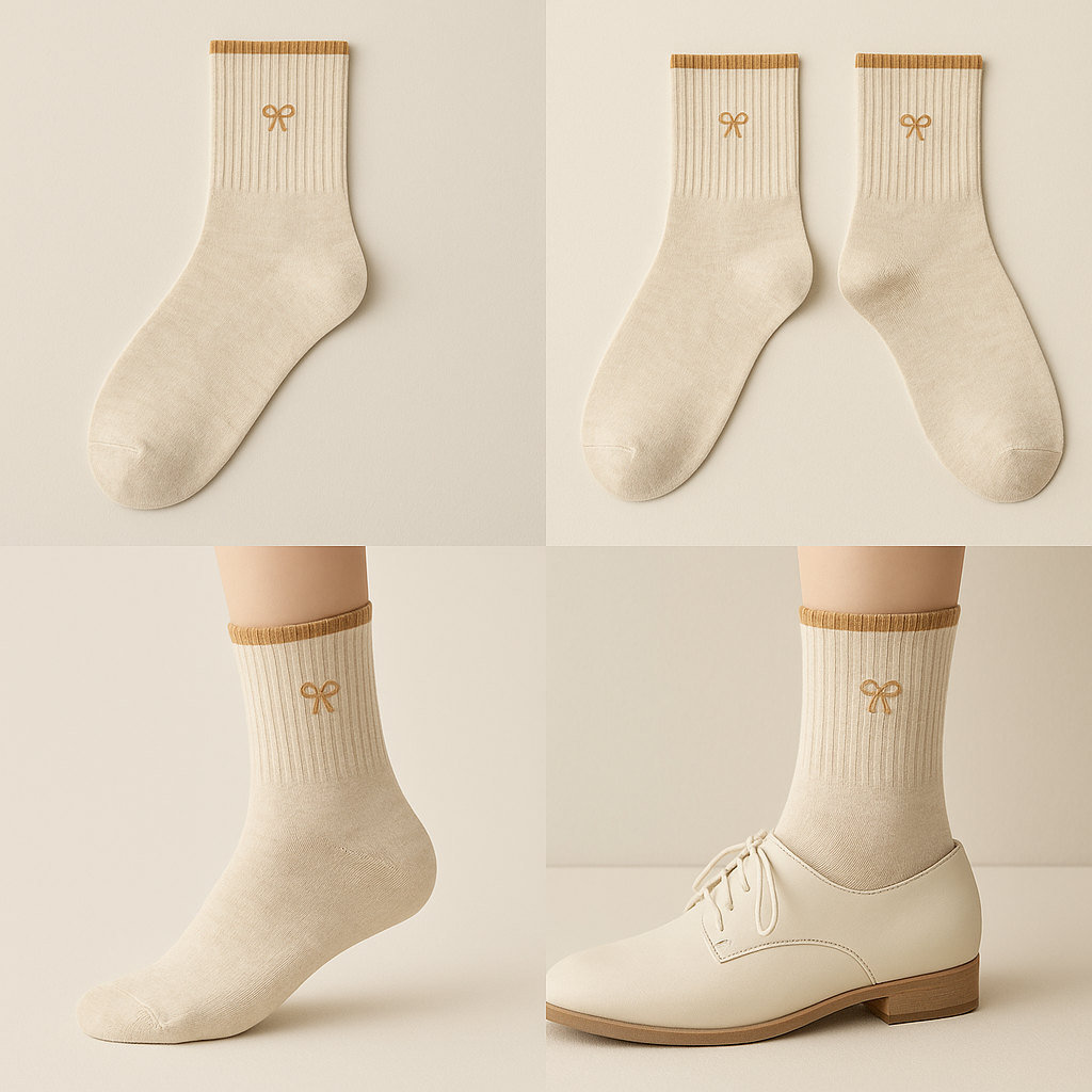 Chaussettes femme Noeuds mollet coton beige galerie produit