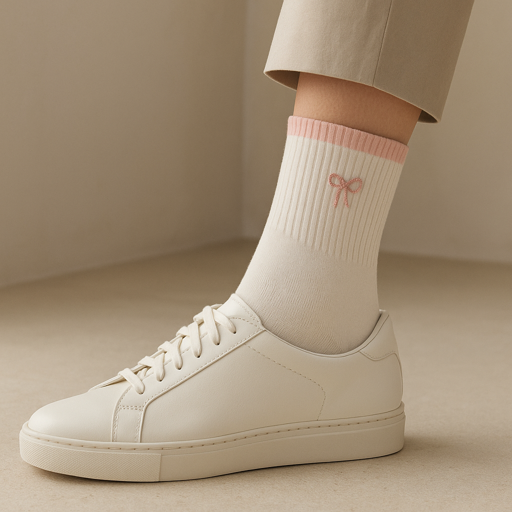 Chaussettes femmes Noeuds mollet coton blanc avec chaussures