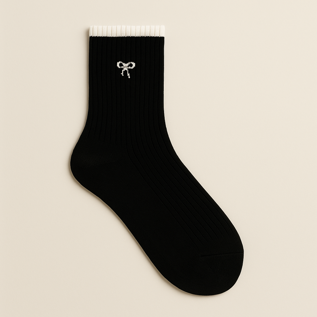 Chaussettes femmes Noeuds noir en coton mi-mollet vue à plat