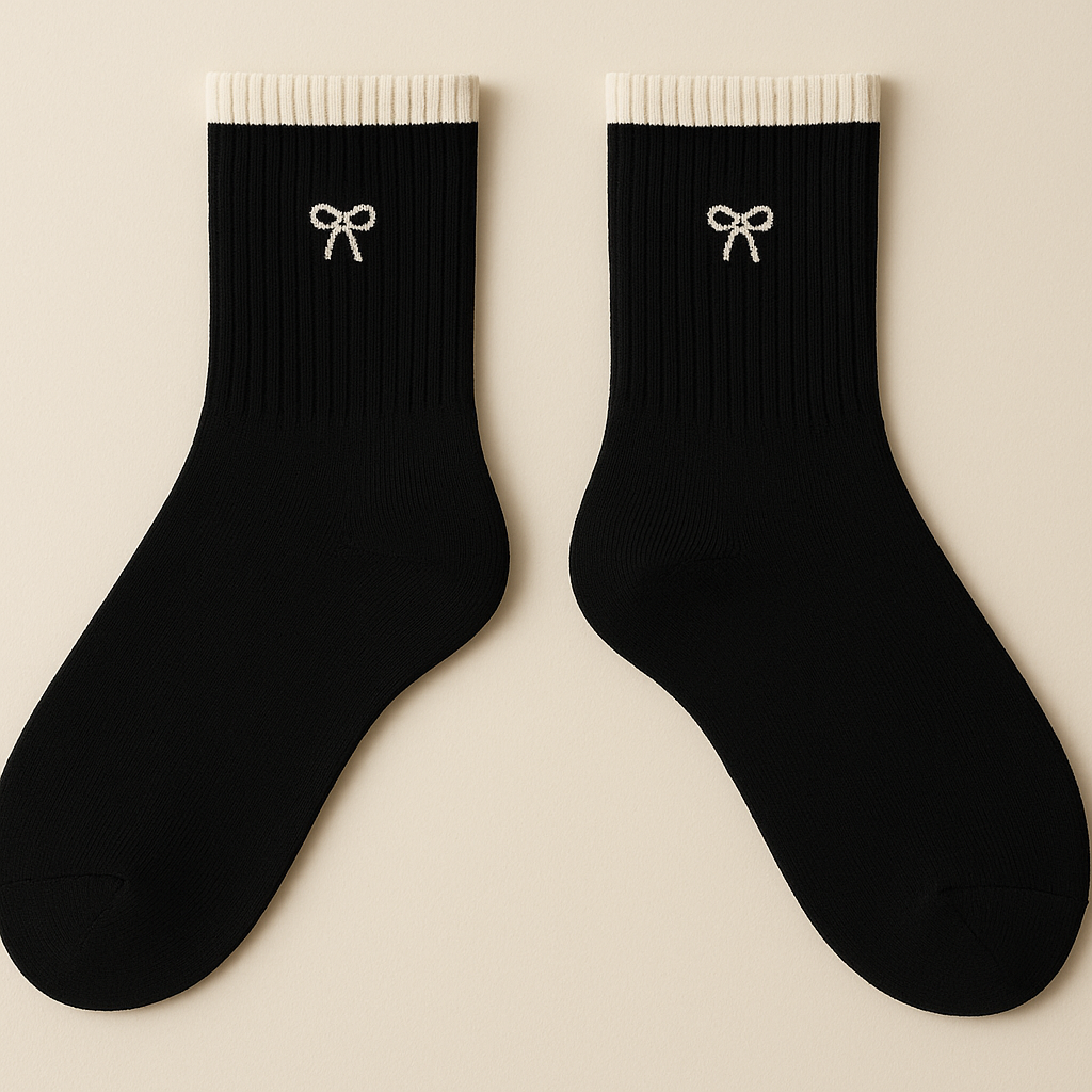 Chaussettes femmes Noeuds noir en coton mi-mollet paire