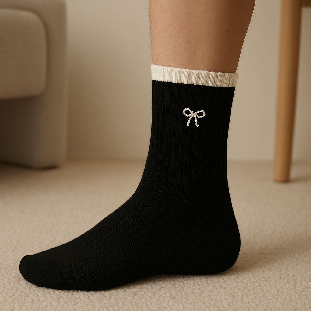 Chaussettes femmes Noeuds noir en coton mi-mollet en situation