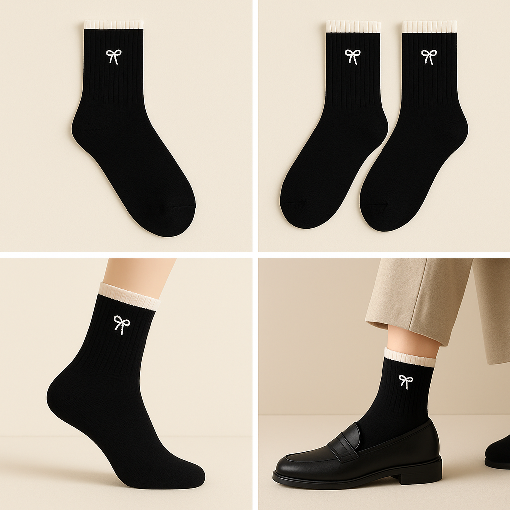 Chaussettes femmes Noeuds noir en coton mi-mollet galerie produit