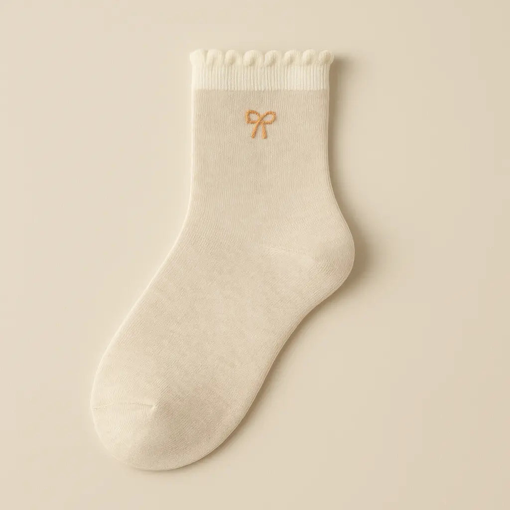 Chaussettes femmes Noeuds beige en coton mi-mollet vue à plat