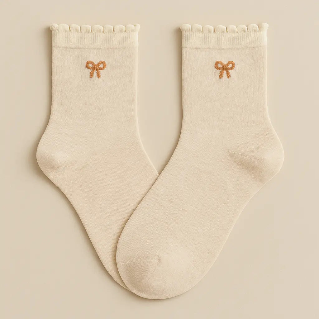 Chaussettes femmes Noeuds beige en coton mi-mollet paire
