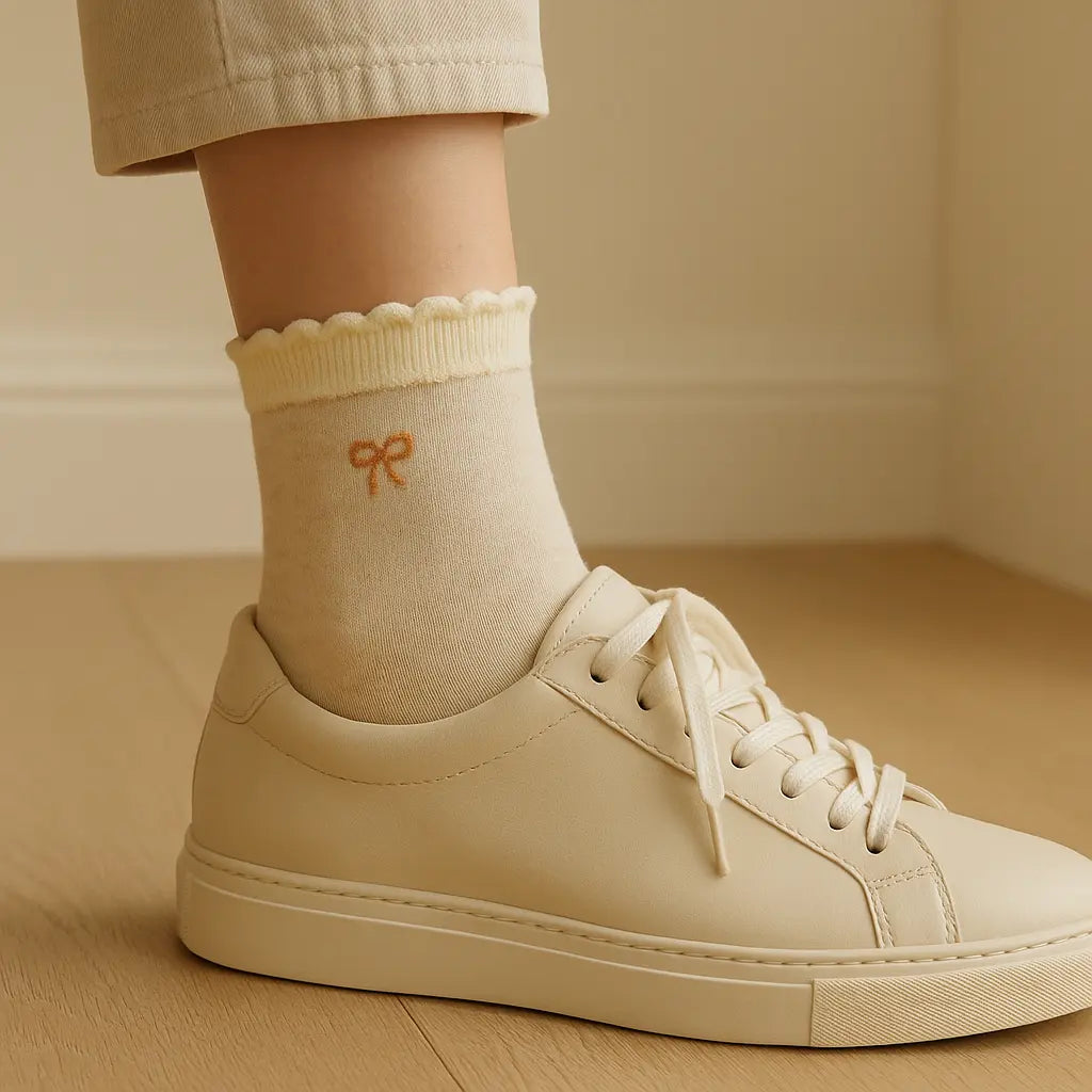Chaussettes femmes Noeuds beige en coton mi-mollet avec chaussures