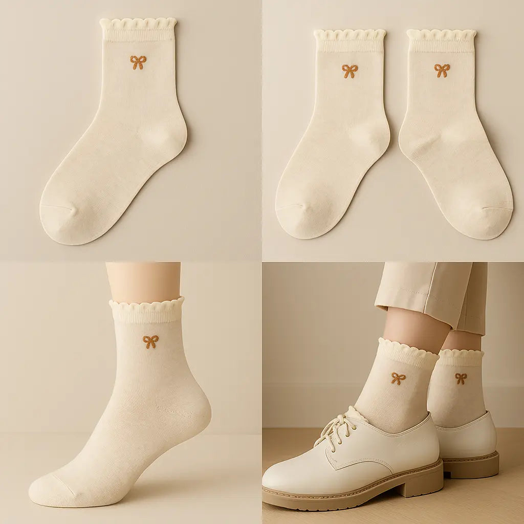 Chaussettes femmes Noeuds beige en coton mi-mollet galerie produit