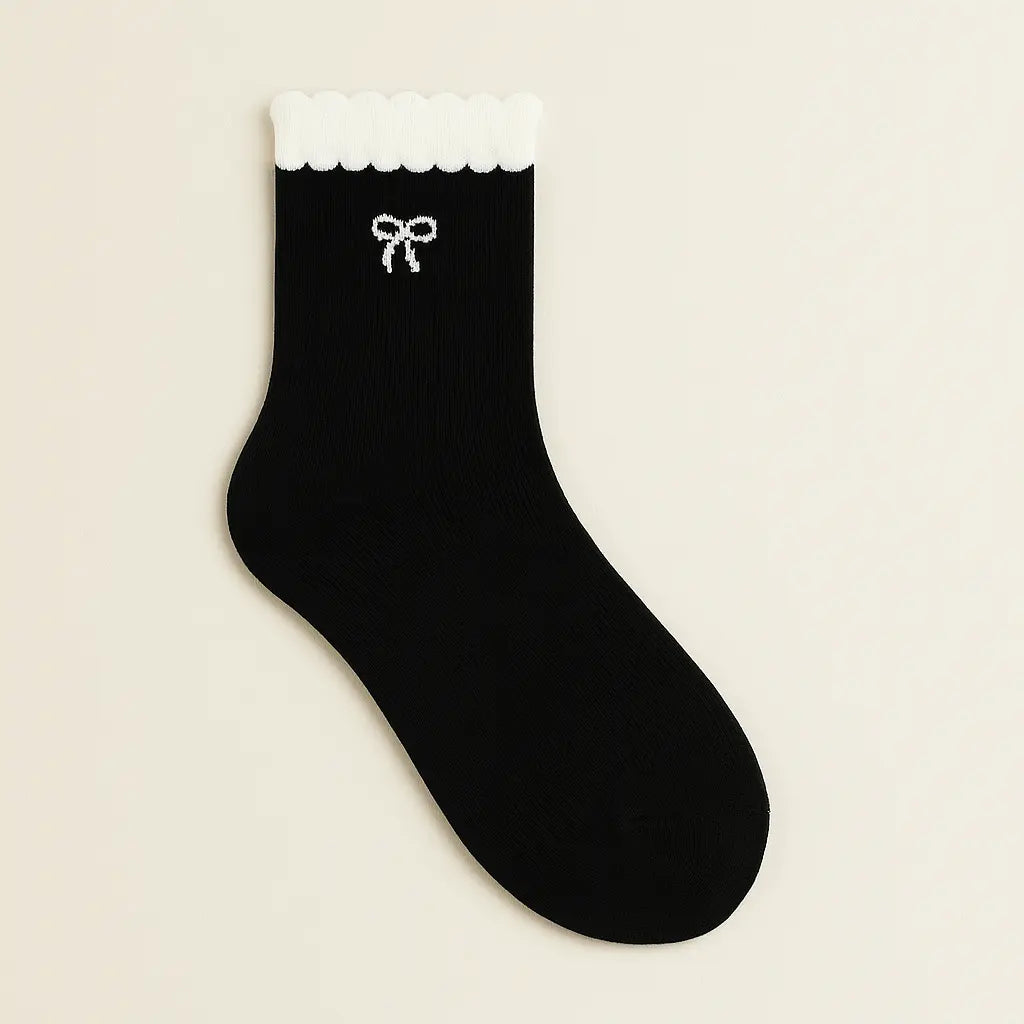 Chaussettes femme Noeuds noir coton mi-mollet vue à plat