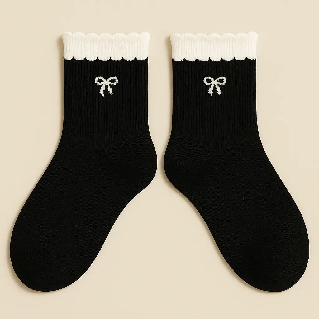 Chaussettes femme Noeuds noir coton mi-mollet paire
