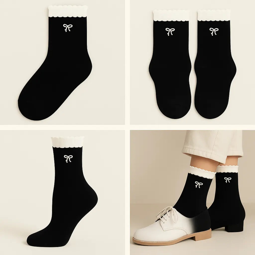 Chaussettes femme Noeuds noir coton mi-mollet galerie produit