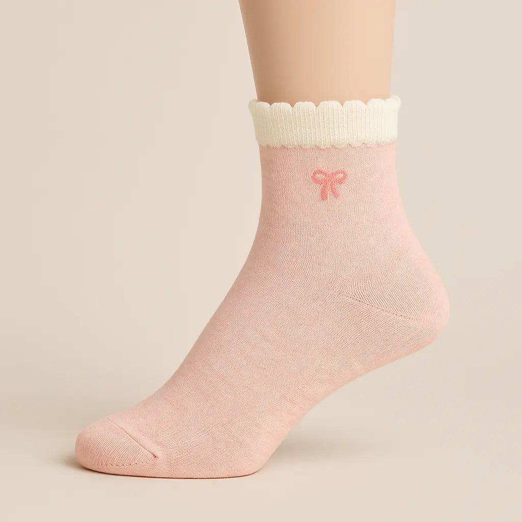 Chaussettes femmes Noeuds mollet coton rose sur pied mannequin