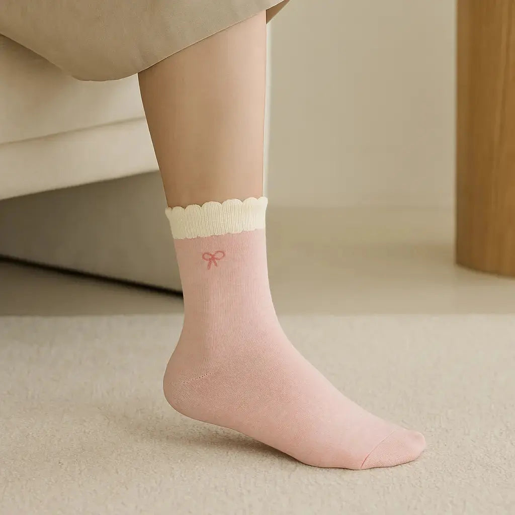 Chaussettes femmes Noeuds mollet coton rose en situation