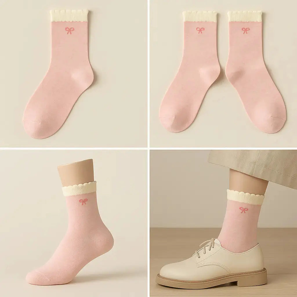 Chaussettes femmes Noeuds mollet coton rose galerie produit