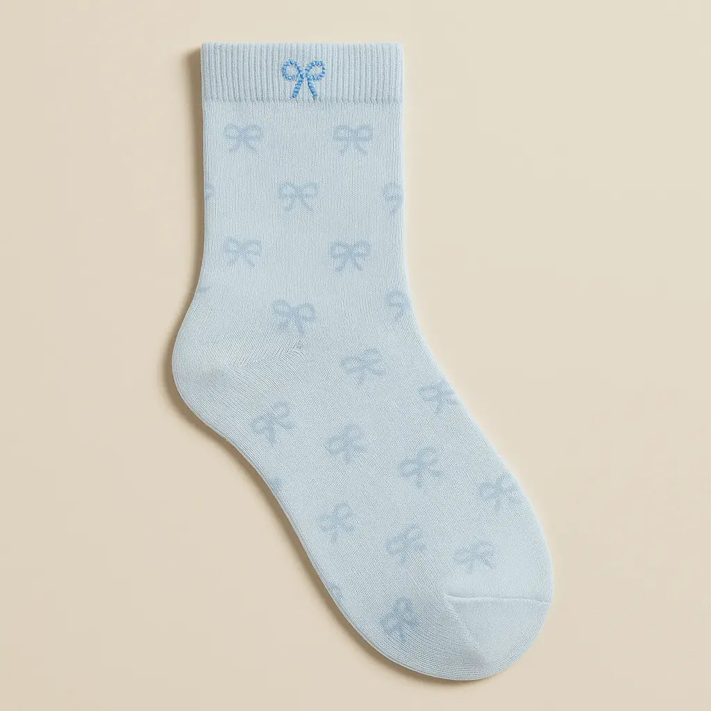 Chaussettes femmes Noeuds bleu coton mi-mollet vue à plat
