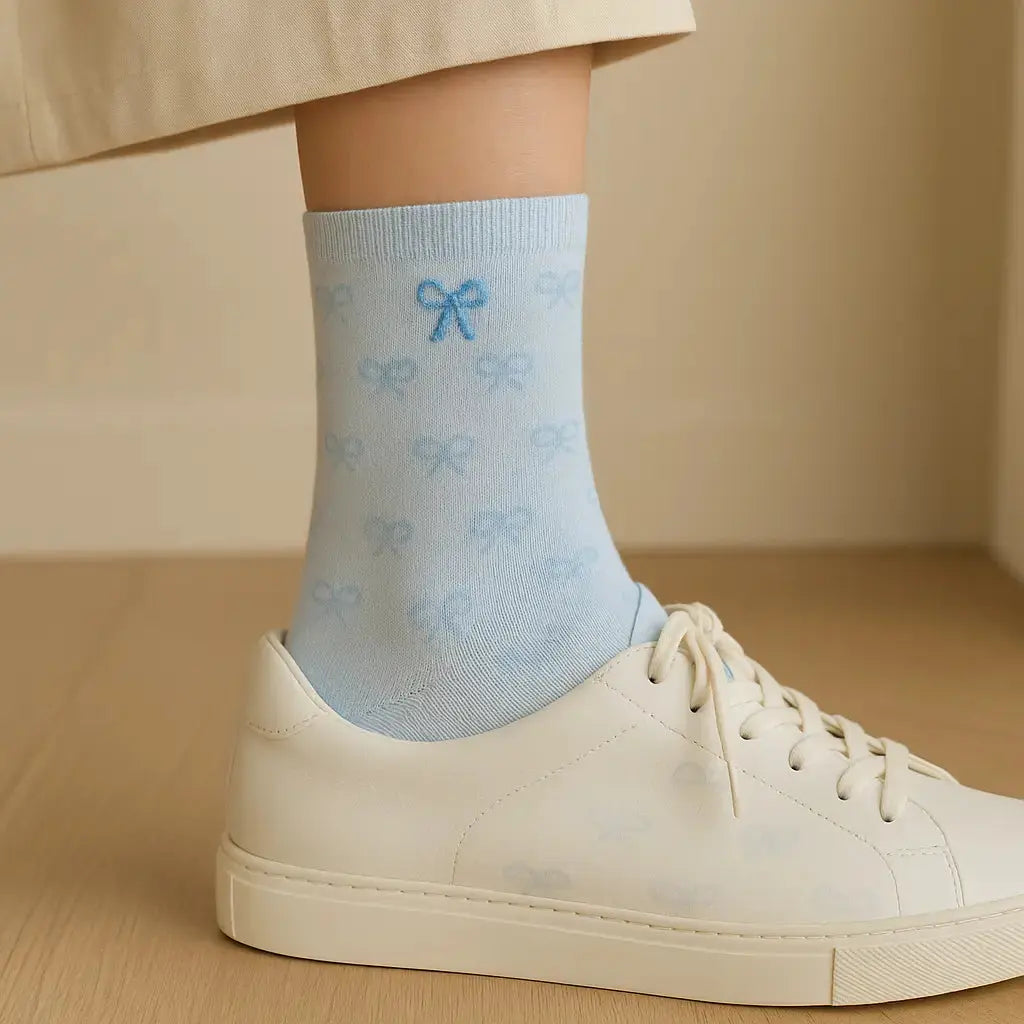 Chaussettes femmes Noeuds bleu coton mi-mollet avec chaussures