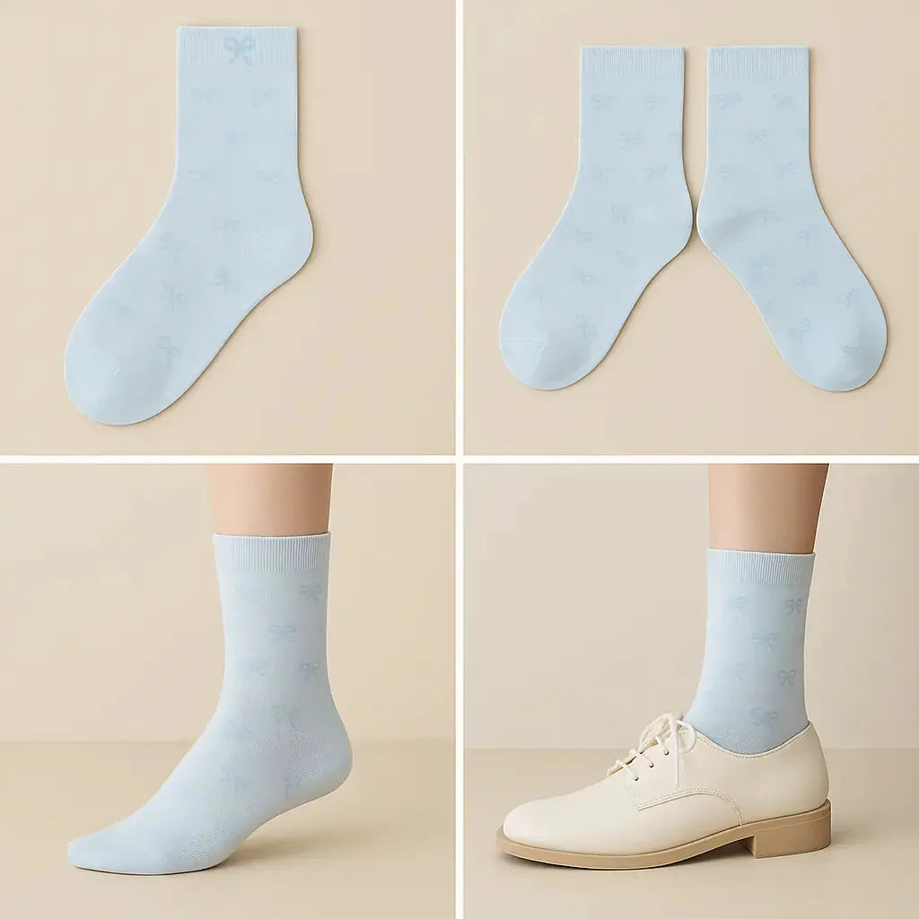 Chaussettes femmes Noeuds bleu coton mi-mollet galerie produit