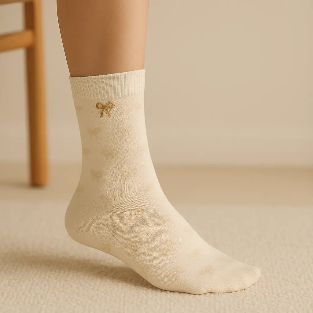 Chaussettes femmes Noeuds jaune coton mi-mollet en situation