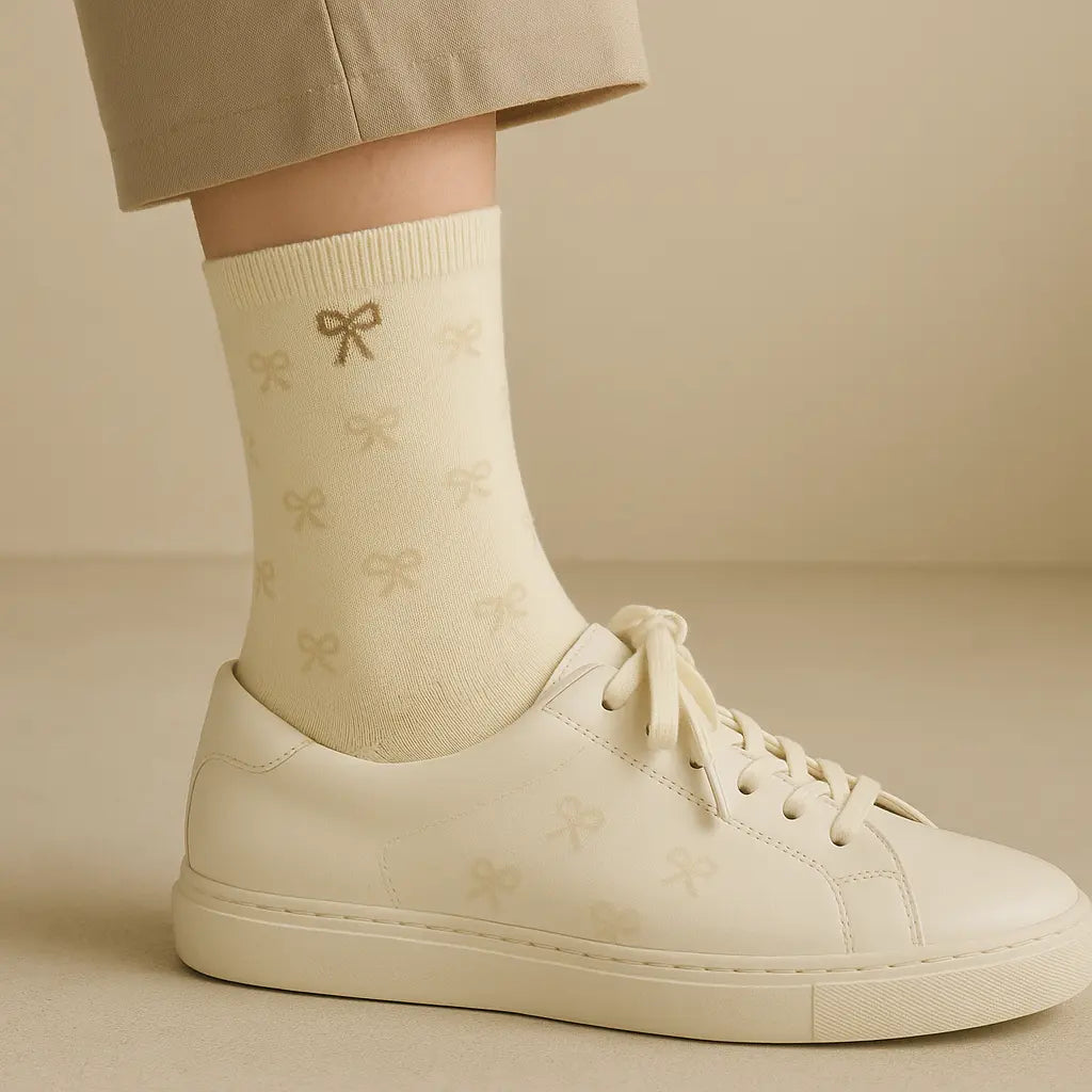Chaussettes femmes Noeuds jaune coton mi-mollet avec chaussures