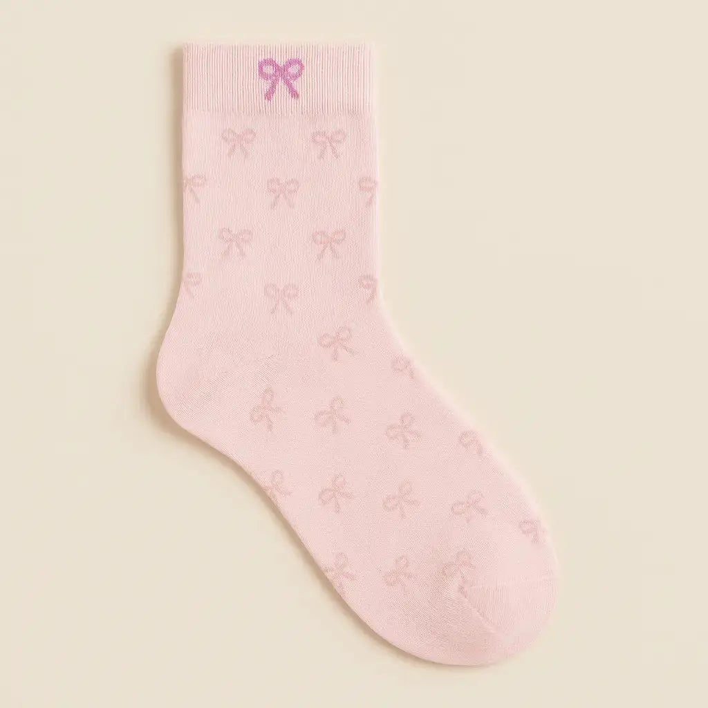 Chaussettes femmes Noeuds rose en coton mi-mollet vue à plat