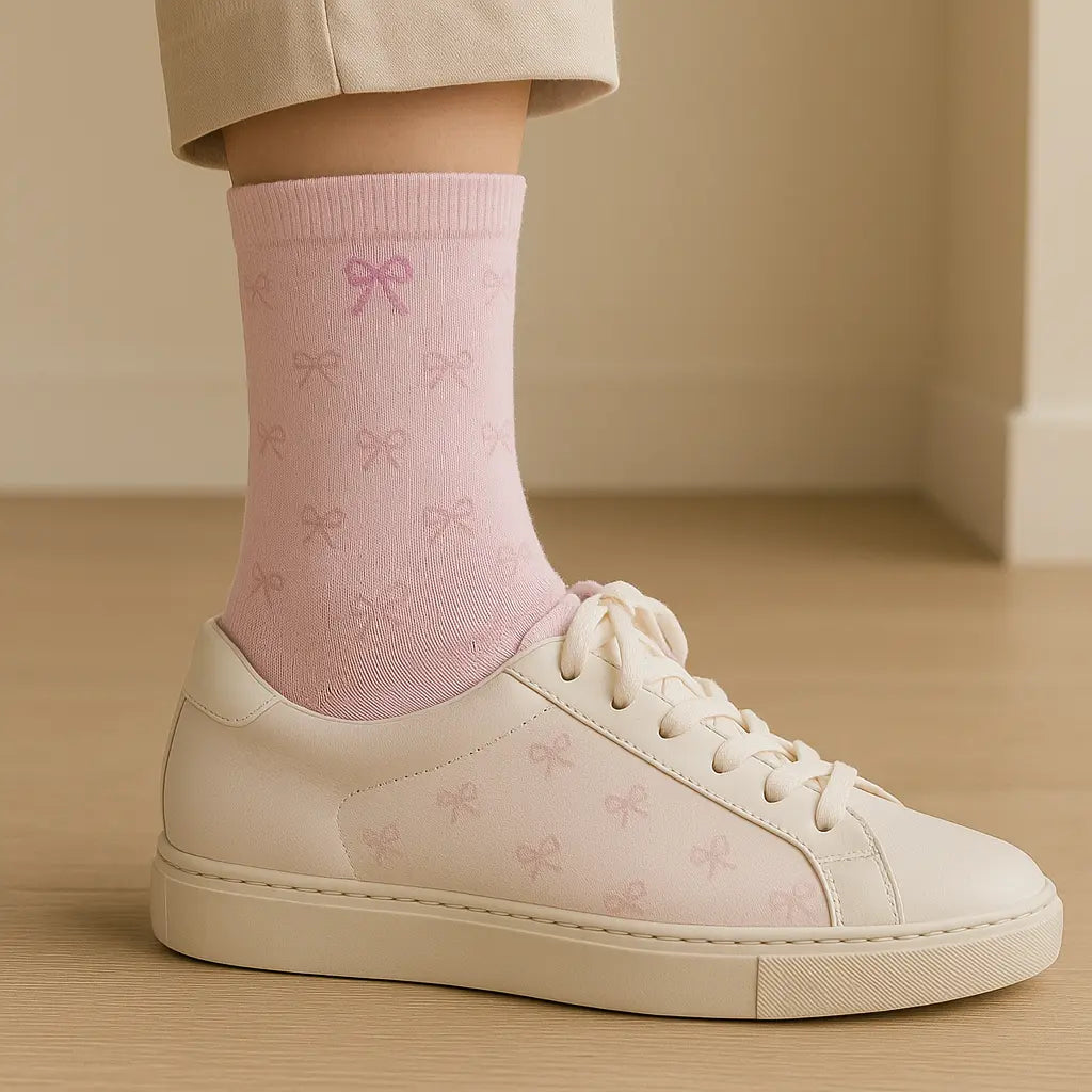 Chaussettes femmes Noeuds rose en coton mi-mollet avec chaussures